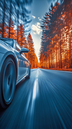 A sleek car speeds down a narrow road surrounded by tall trees with vibrant orange foliage, under a bright blue sky. Sunlight filters through the leaves creating a stunning view.の素材