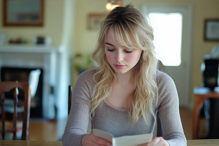 A woman with long blonde hair is sitting at a wooden table in a cozy room. She appears focused and calm, absorbed in her thoughts or writing.の素材