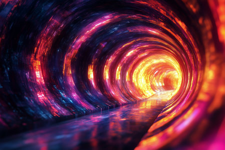 Vivid lights create a mesmerizing tunnel effect with reflections on the surface, suggesting a journey through a digital or futuristic space, inviting curiosity and imagination.の素材