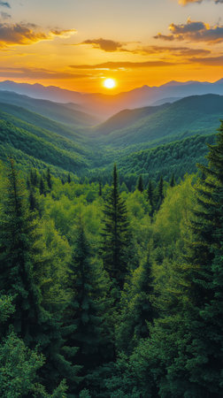 Golden sunlight spills over a verdant valley, illuminating the dense green foliage and rugged mountains at dusk, creating a peaceful and serene atmosphere.の素材