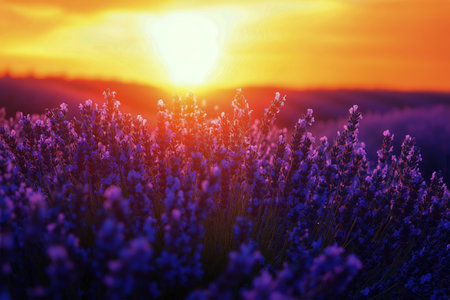 Lavender flowers bloom vibrantly as the sun sets on the horizon, casting warm hues across the sky and enveloping the landscape in tranquility.の素材