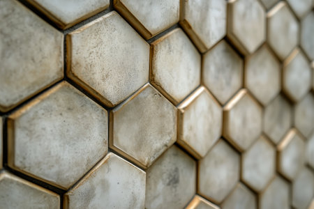 A close-up view of hexagonal tiles arranged in a contemporary pattern illustrates a modern design element in an interior space. The tiles display subtle textures and tones.の素材