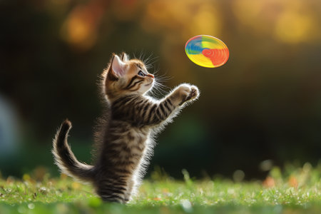 A small brown tabby kitten plays enthusiastically with a bright ball, showing its playful nature in a warm and inviting living room during daylight.の素材