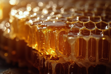 Honey glistens as it drips from a honeycomb structure, highlighting the intricate hexagonal pattern and rich golden color during the warm light of sunset.の素材