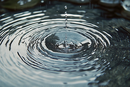 Small droplets fall onto the still water, forming ripples that spread outward while the sun sets, creating a tranquil ambiance around the lush greenery.の素材