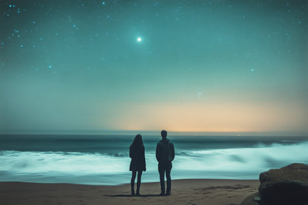A couple stands hand in hand on a quiet beach, captivated by the starry sky as twilight casts soft colors across the horizon. The gentle waves lap at their feet.の素材