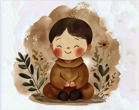 A woman with flowing hair faces away, surrounded by blooms and soft hues of orange, green, and blue. The artwork exudes a sense of tranquility and gentle charm.の素材