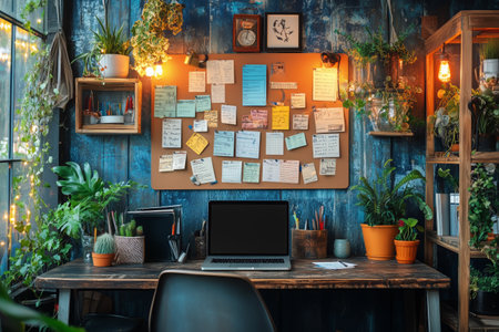 A home office features an organized workspace with a large monitor, colorful sticky notes on the wall, and plants. Sunlight brightens the room, enhancing productivity and creativity.の素材
