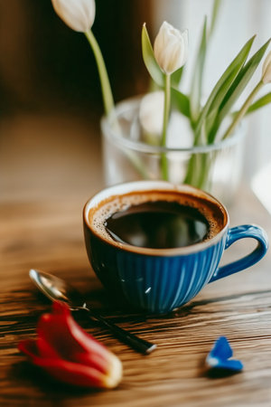 A clear glass coffee cup displays a heart design in frothy milk, positioned next to a bouquet of vibrant orange tulips with green leaves under soft lighting.の素材