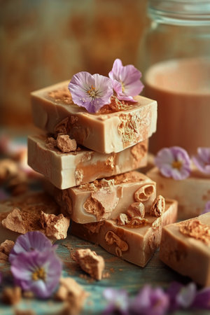 A collection of vibrant handmade soaps in various colors lined up on a bamboo mat, surrounded by small flowers and greenery, creating a serene and refreshing atmosphere.の素材
