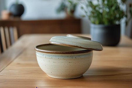 This cozy indoor setting features a beautiful ceramic bowl with a lid, resting on a wooden table. Natural light highlights the tranquil ambiance, perfect for a meal.の素材