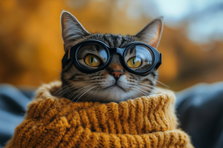 A confident cat dons goggles and a vibrant red cape, striking a heroic pose in an outdoor setting filled with autumn foliage.の素材