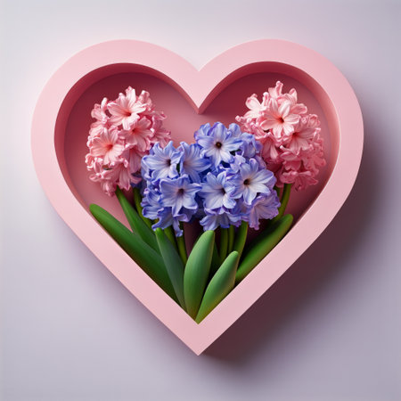 Bright pink and blue hyacinth flowers are elegantly arranged inside a pink heart-shaped box, creating a romantic display perfect for special occasions.の素材