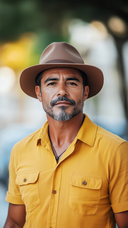 A young man poses with confidence, sporting a bright yellow shirt and a tan hat. The sun shines brightly as the ocean sparkles in the background, creating a vibrant atmosphere.の素材