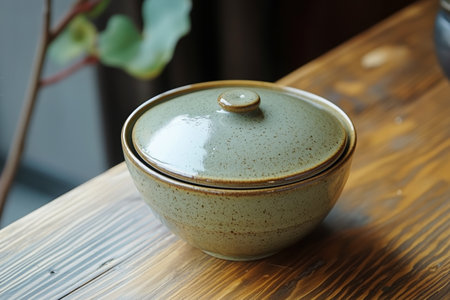 This cozy indoor setting features a beautiful ceramic bowl with a lid, resting on a wooden table. Natural light highlights the tranquil ambiance, perfect for a meal.の素材