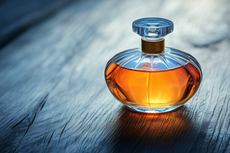 A glass perfume bottle with a crystal stopper rests on a rustic wooden surface. Soft, warm light illuminates the amber liquid, creating a serene atmosphere.の素材