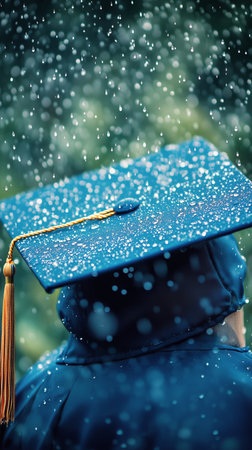Graduation cap sits on a wet surface as rain pours down, creating a somber yet reflective atmosphere in an urban setting, symbolizing achievement amid challenges.の素材