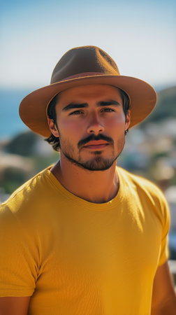 A young man poses with confidence, sporting a bright yellow shirt and a tan hat. The sun shines brightly as the ocean sparkles in the background, creating a vibrant atmosphere.の素材