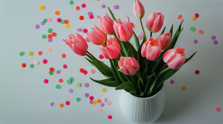 A bouquet of pink tulips stands tall in a white vase, surrounded by vibrant confetti in various colors on a light surface, creating a cheerful and festive atmosphere.の素材