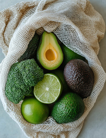 A collection of fresh green produce including avocados, limes, and broccoli is neatly gathered in a reusable mesh bag. The vibrant colors highlight healthy eating choices.の素材
