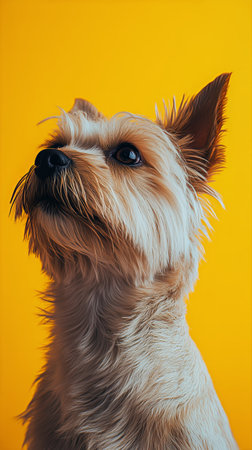 A small Yorkshire terrier with soft fur stars intently at something off-camera. The vibrant yellow background enhances the dogs expressive features and bright eyes.の素材