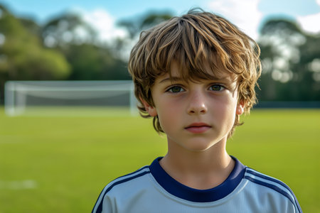 A young boy stands confidently on a vibrant green soccer field under clear skies, ready to play. His determined expression reflects a passion for the sport he loves.の素材