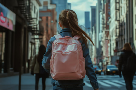 A young girl with a pink backpack strolls through a bustling city street. Skyscrapers tower in the background as pedestrians move around her under a bright sky.の素材