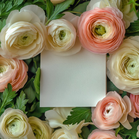 A blank card is positioned at the center, embraced by an arrangement of delicate ranunculus flowers in shades of pink and white, creating an elegant floral backdrop.の素材