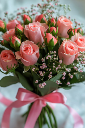 A vibrant arrangement of pink roses is surrounded by delicate greenery and small flowers. The bouquet is tied with a soft ribbon, perfect for celebrations or gifting.の素材