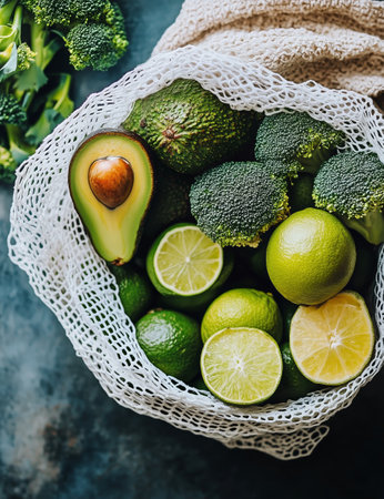 A collection of fresh green produce including avocados, limes, and broccoli is neatly gathered in a reusable mesh bag. The vibrant colors highlight healthy eating choices.の素材
