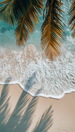 Palm fronds create a tranquil canopy above the shoreline, where soft waves rhythmically meet the sandy beach under bright midday light.の素材