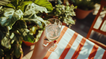 A hand with red nails holds a clear glass filled with sparkling drink, surrounded by colorful striped fabric and verdant plants under warm sunlight.の素材