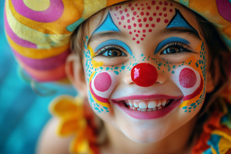 A joyful child dressed as a clown wears a bright yellow hat and colorful makeup, smiling widely against a vibrant turquoise background, radiating happiness.の素材