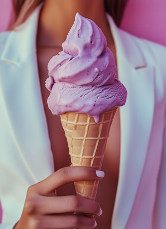 A person with stylish attire holds a cone filled with vibrant purple ice cream. The playful contrast with the pink background enhances the fun and refreshing vibe of the moment.の素材