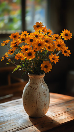 A bouquet of vibrant yellow flowers fills a white vase, placed on a wooden table. Sunlight streams through a nearby window, creating a warm and inviting atmosphere.の素材