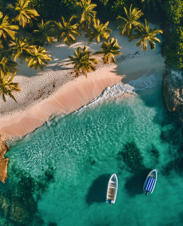 Calm turquoise waters meet a sandy beach lined with palm trees. Two boats are anchored close to the vibrant shore on a sunny day, inviting relaxation and adventure.の素材