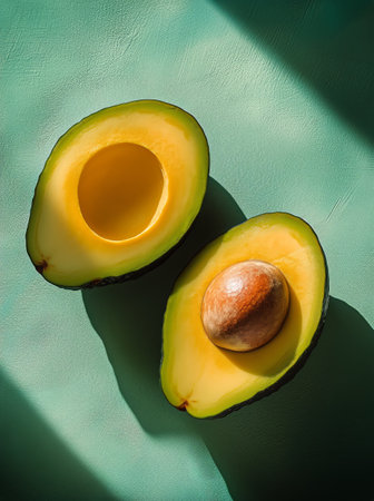 Two halved avocados, perfectly ripe and fresh, rest on a vibrant green surface. Natural light enhances their smooth texture and rich color, creating an appealing visual.の素材
