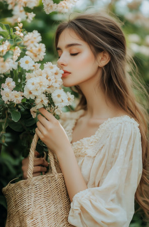 A woman stands in a vibrant field filled with flowers, holding a woven basket filled with daisies. She breathes in the fragrance, enjoying a peaceful moment in nature.の素材