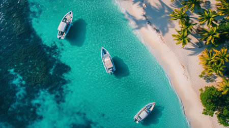 Three boats are anchored in clear turquoise waters near a beautiful sandy beach, surrounded by lush palm trees under a bright sky. A perfect setting for relaxation and adventure.の素材