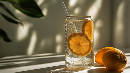 A tall glass filled with sparkling water and lemon slices rests on a table. A whole lemon lies next to the glass. Shadows from plants create a calming atmosphere.の素材