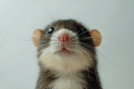 A brown rat with white markings gazes upward with curious eyes and a gentle expression. Whiskers and ears stand out against the plain backdrop, adding to its charm.の素材