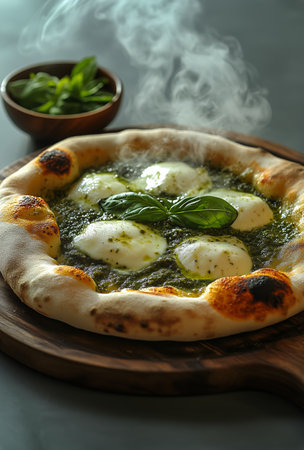 A delicious pesto pizza sits on a wooden board, garnished with fresh basil and melted mozzarella. Natural ingredients and rustic presentation enhance the culinary experience.の素材