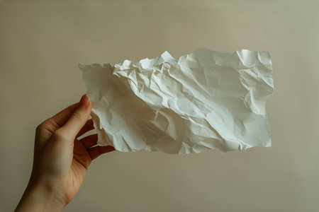 A hand grips a wrinkled white paper against a subtle, textured background, showing the contrast between smooth skin and the papers uneven surface.の素材