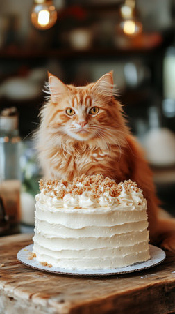 A fluffy orange cat sits proudly atop a decorated cake in a warm, inviting kitchen filled with soft lighting and rustic decor. The atmosphere is cozy and vibrant.の素材