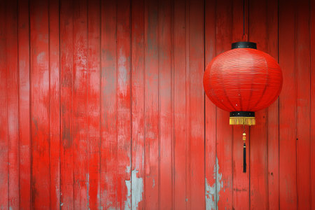 A vibrant red lantern with delicate designs hangs from a wire against a rough, red wall. The contrast creates a striking visual, perfect for a festive atmosphere or cultural display.の素材