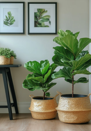 Two leafy plants in decorative baskets are placed in a warm living room. An elegant table and framed nature artwork complement the serene atmosphere.の素材