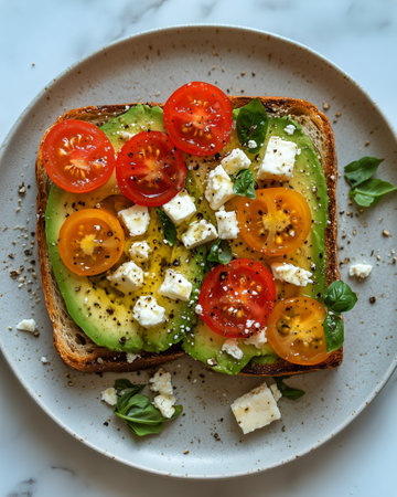 Sliced whole grain bread is generously spread with creamy avocado and decorated with halved cherry tomatoes and crumbled feta cheese, creating a fresh and healthy meal.の素材