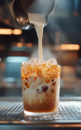 A barista pours creamy milk over a glass of iced coffee swirled with caramel. The warm ambiance of the cafe enhances the inviting setting during the afternoon.の素材