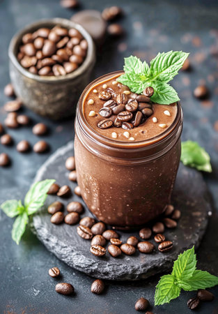 A delicious chocolate smoothie topped with coffee beans and fresh mint leaves rests on a dark stone surface. Coffee beans are scattered around, enhancing the flavor profile.の素材