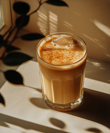A tall glass filled with a creamy brown beverage sits on a textured surface. Soft sunlight casts gentle shadows, enhancing the warm ambiance of a quiet morning setting.の素材